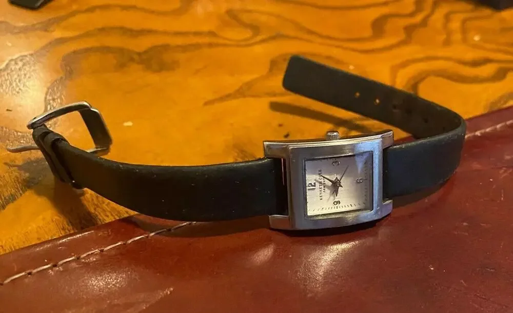 women's 20mm Kenneth Cole New York Watch, Brushed metal Case, Black Leather Band